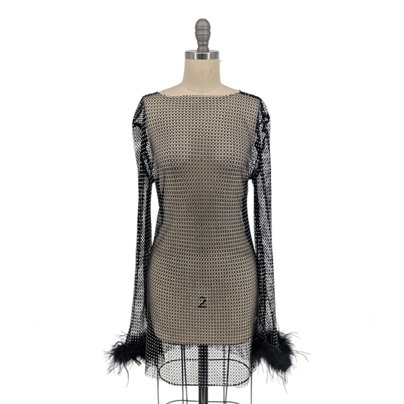 30006 NEW 12th Tribe Studded Fishnet Feather Dress Black size Small sexy clubbin - Picture 1 of 8